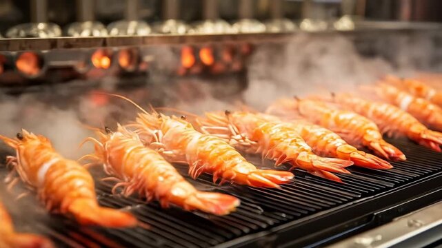 Grilled shrimp steaming over hot metal grill, close-up