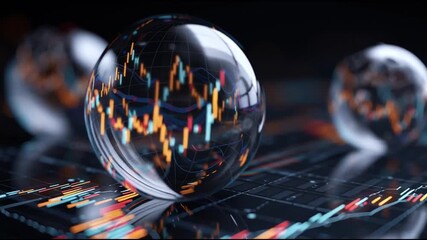 AI Bubble. Sci-fi finance. AI collapse concept. Modern economic symbolism. Transparent spheres reflecting stock market data on a dark surface. - Powered by Adobe