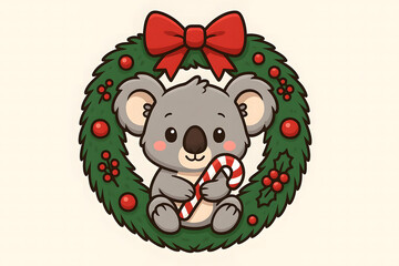 Koala in Christmas Wreath with Candy Cane