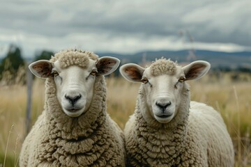 Obraz premium Two sheep are posing on a meadow under a cloudy sky