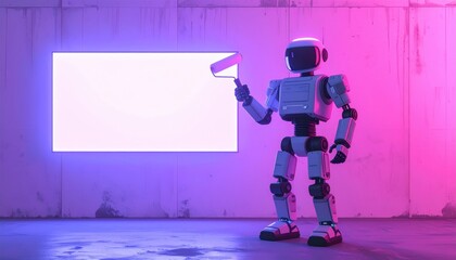 fictional cyberpunk muralist robot holding a blank roller soft neon wash on chassis matte wall with copy space