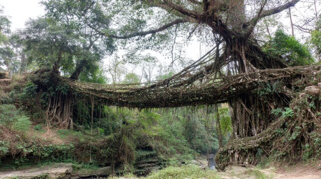 A natural root bridge spanning a ravine.