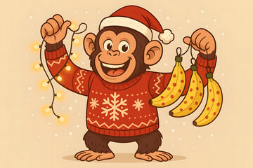 Cute Christmas Monkey in Red Sweater Holding Bananas Cartoon