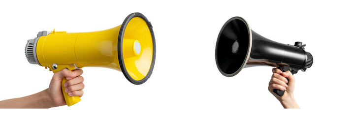 Two hands holding megaphones, one yellow and one black, isolated on transparent background