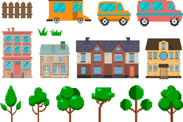 Set of pixel art elements, transport, houses, trees isolated on white background. Vector illustration