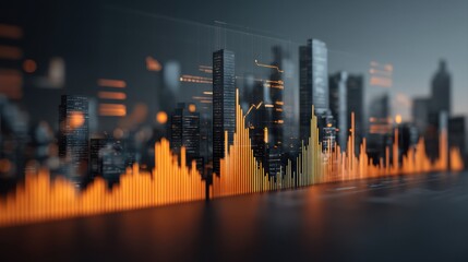 AI integrated smart city and transportation, A futuristic city skyline with digital data overlays, vibrant orange graphs and charts that symbolize growth and technology
