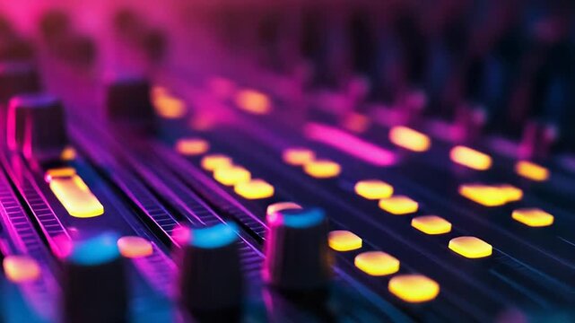Audio mixer faders adjusting sound levels in club