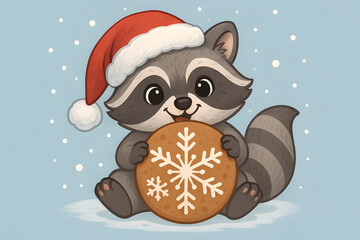 Cute Raccoon with Santa Hat Holding Christmas Cookie Cartoon