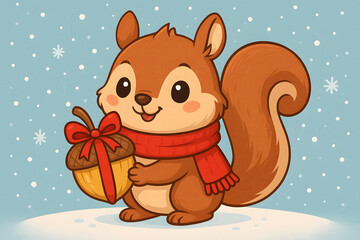 Cute Christmas Squirrel Holding Gift with Red Scarf Cartoon