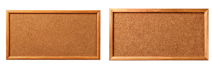 Two empty cork bulletin boards with wooden frames, isolated on transparent background