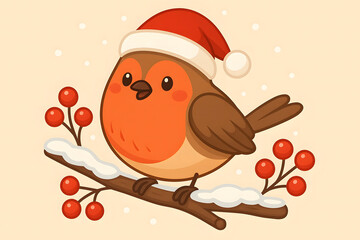 Cute Christmas Red Bird with Santa Hat Sitting on Branch Cartoon Illustration