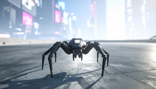 fictional cyberpunk repair spider robot on polished concrete precise raking light reveals micro textures wide framing