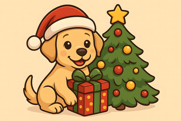 Adorable Christmas Puppy with Santa Hat, Gift, and Decorated Tree Cartoon