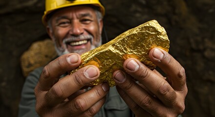 Happy miner holding large gold nugget in cave
