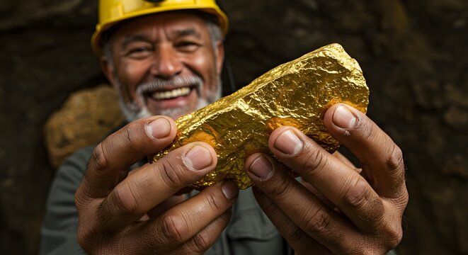 Happy miner holding large gold nugget in cave