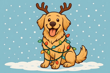 Cute Golden Retriever Puppy Wrapped in Christmas Lights with Reindeer Antlers Cartoon