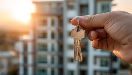 Hand holding house keys in front of apartment building at sunset