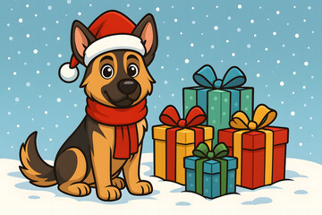 German Shepherd Dog in Santa Hat with Christmas Gifts Cartoon