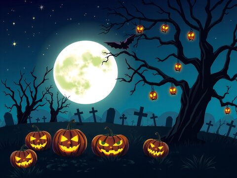 Spooky halloween night with carved pumpkins and a full moon over a graveyard