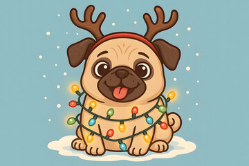 Cute Christmas Pug Dog with Reindeer Antlers and Festive Lights in Snow Cartoon Illustration