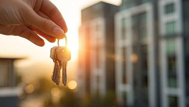 Hand holding house keys at sunset. Blurred modern apartment building background