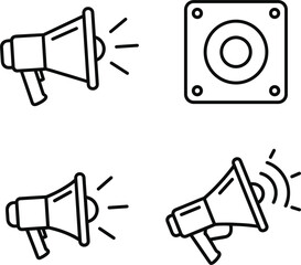Outline Vector Icon Set of Megaphone, Loudspeaker, and Bullhorn Alert Devices Representing Communication, Announcement, and Broadcast in Line Art Style.