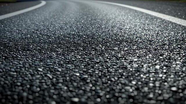 A black road with a white line. The road is wet and has a lot of gravel. The gravel is scattered all over the road. A smooth asphalt road surface in dark gray tones