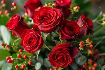 Beautiful bouquet of red roses and hypericum berries, creating a romantic and passionate atmosphere