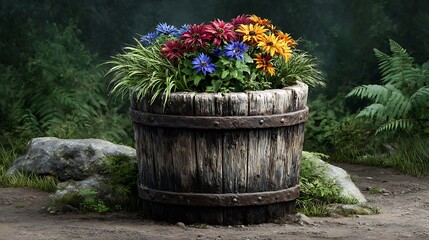 A rustic barrel planter overflowing with colorful blooms.