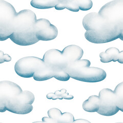 Whimsical gray-blue rain cloud in seamless pattern painted with soft watercolor washes and cheerful colored pencil details.For childrens books,weather-themed projects and playful nursery decor