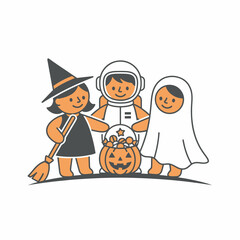 Halloween Kids in Costume with Pumpkin Full of Candies Illustration