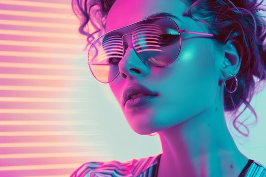 Close up of fashion model wearing sunglasses with neon lights reflecting on her face, creating a vibrant and stylish look