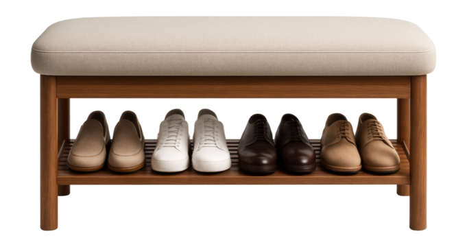 A padded bench with a built-in shoe rack for a tidy entryway.
