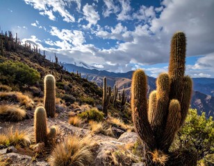 Scenic view with diverse cacti, mountains, and a cloudy sky
