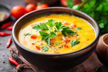Delicious creamy pumpkin soup seasoned with pepper and decorated with fresh parsley, served in a rustic bowl, perfect for a cozy autumn meal