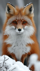 Fototapeta premium Close up portrait of a magnificent red fox with frosted fur looking directly at the viewer in a snowy winter forest.