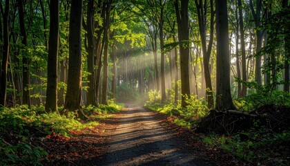Fototapeta premium forest path with dappled sun shafts lifted blacks airy greens calm negative space tranquil walk mood