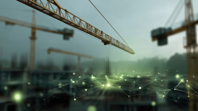 Construction site crane digital network overlay technology innovation urban development modern progress industry connection futuristic