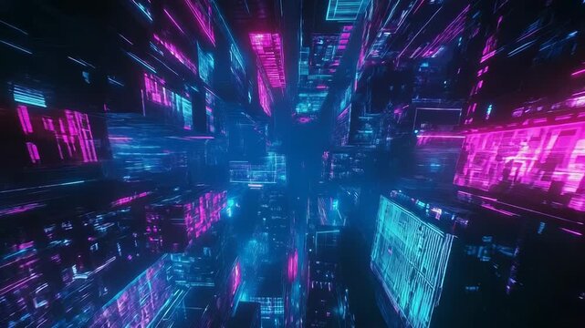 Futuristic data scrolling through glowing cyberpunk city grid
