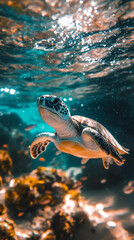 An elegant sea turtle glides gently through the vibrant blue ocean water towards the bright shimmering surface above.