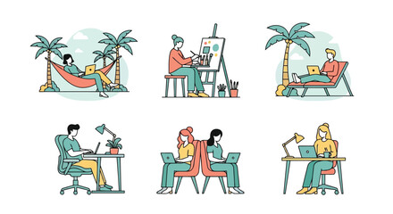 Naklejka premium Set of six illustrations depicting people working remotely in various locations, including a hammock, an easel, a beach chair, a desk, and a shared workspace