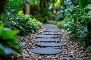 A stone pathway winds through lush greenery.