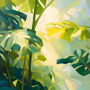 Lush Tropical Leaves Painting Green Summer Botanical Art