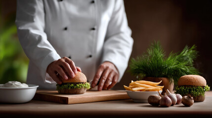 Chef preparing chicken burger with lettuce on wooden board, surrounded by french fries, sauce, garlic, and fresh herbs, in cozy kitchen setting