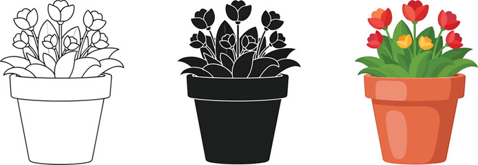 Floral Trio of Potted Plants a Showcase of Line Art Silhouette and Vivid Color Representing Growth and Beauty