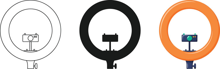Illustrations of Ring Light Equipment in Different Styles for Studio Photography and Videography Showcasing Lighting Solutions and Modern Technology in a Variety of Visual Representations
