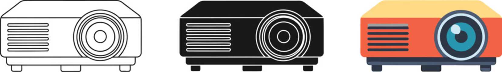 Projector Vector Illustration Set in Outline Silhouette and Color Styles Great for Presentations and Home Entertainment Solutions Ideal for Business Graphics and Educational Content