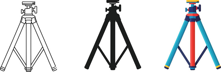 Set of Tripod Illustrations for Camera and Photographic Equipment in Various Styles from Outline to Silhouette to Color Suitable for Designs and Presentations