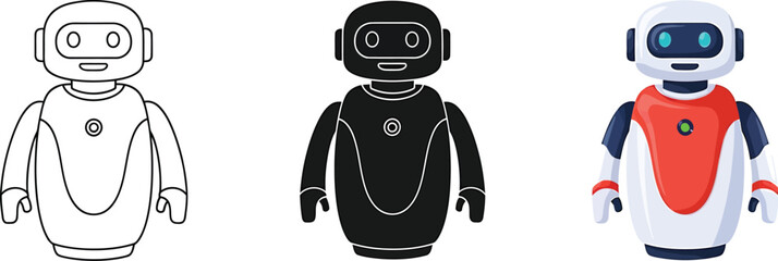 Three Illustrations of Cute Robot Characters Showcasing Different Design Styles for Technology Applications and Childrens Educational Resources