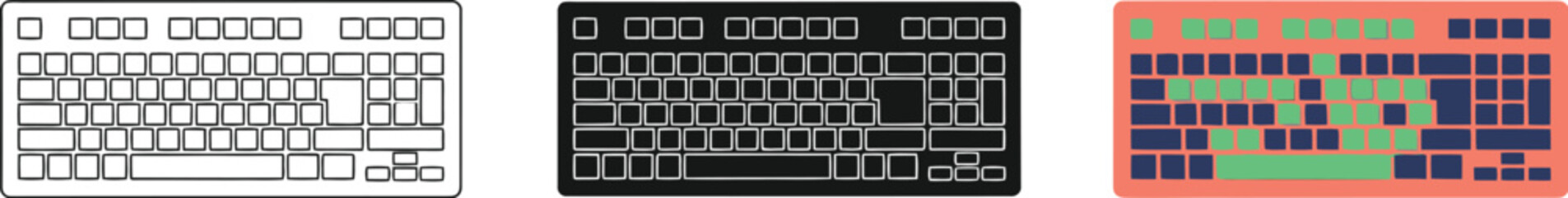 Three Keyboard Designs Depicting Technological Evolution and Versatility in Input Methods for Computers and Digital Devices Emphasizing User Interfaces